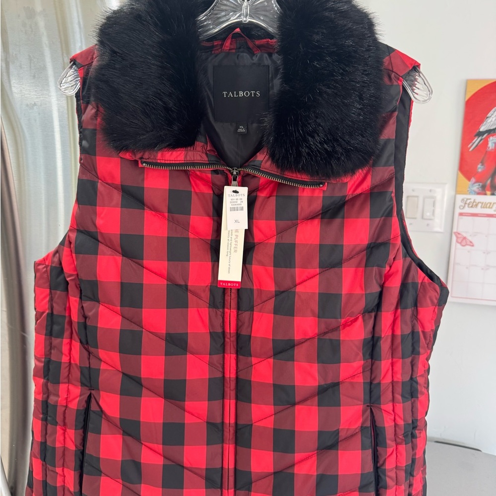 Talbots Red and Black Checkered Vest with Faux Fur Trim